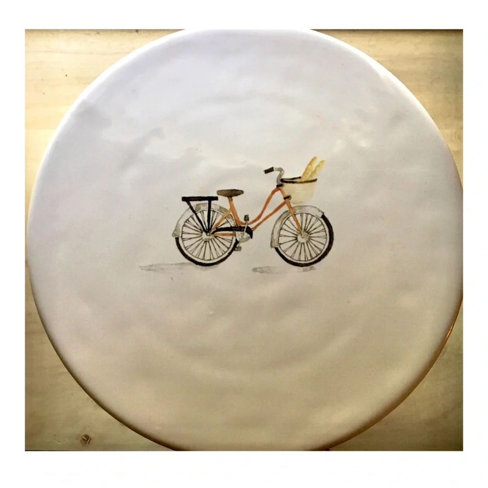 Rae Dunn Ceramic Cake Stand—Artisan Collection by Magenta with Bicycle Graphic